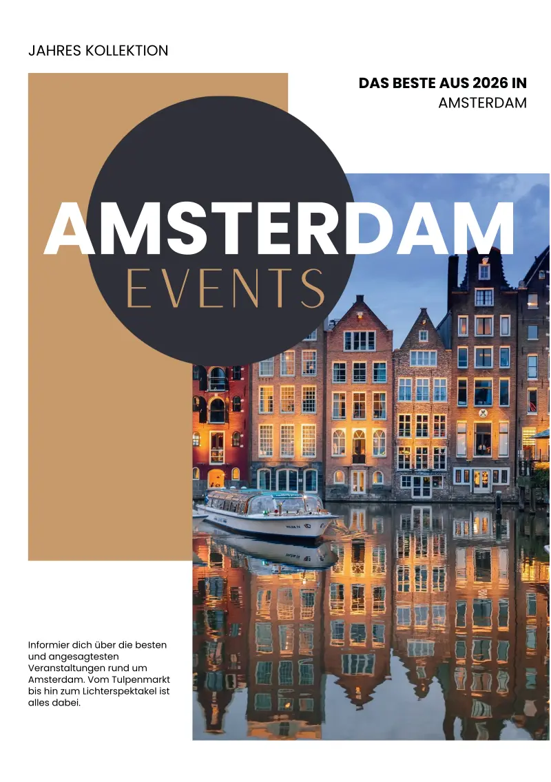 Titelseite: „JAHRES KOLLEKTION“ über „AMSTERDAM EVENTS“, dahinter ein Abendfoto der Grachtenhäuser, darüber ein großer dunkler Kreis.