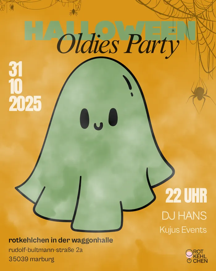 Plakat auf Orange: ein gemaltes grünes Gespenst in der Mitte, darüber der Schriftzug „HALLOWEEN Oldies Party“, links das Datum 31 10 2025, rechts „22 UHR“ und „DJ HANS“.
