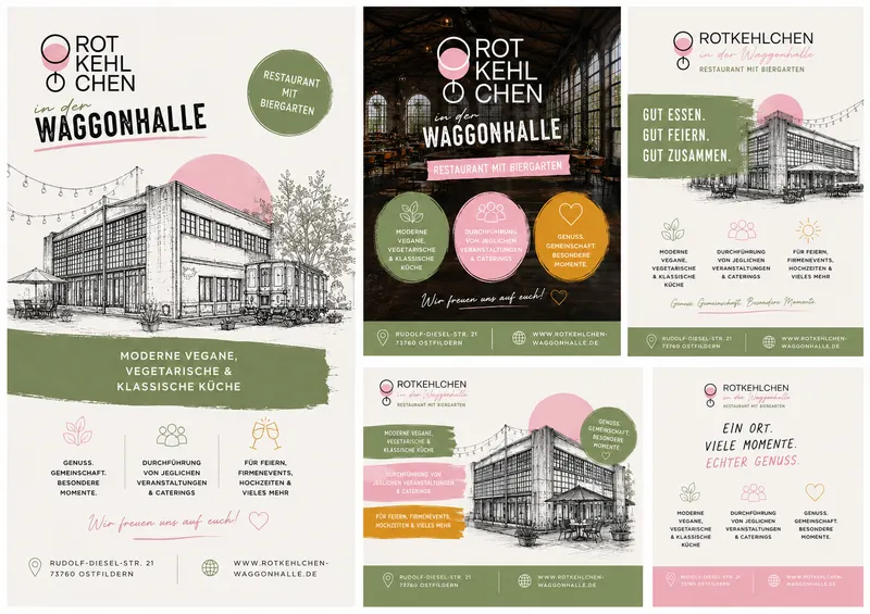 Fünf Flyer-Entwürfe nebeneinander: links groß ein heller Entwurf auf Creme mit Federzeichnung des Gebäudes und grünem Textband, daneben vier weitere in Dunkel, Creme, Grün und Rosa – alle mit demselben Logo, derselben Zeichnung und drei Symbolfeldern zu Küche, Veranstaltungen und Feiern.