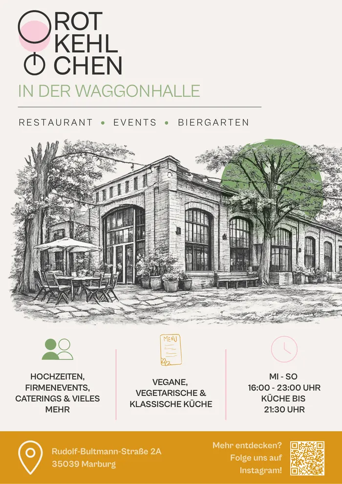 Fertiger Flyer im Hochformat: oben der Logotyp, darunter die Federzeichnung des Gebäudes, ein grünes Band mit „Moderne vegane, vegetarische & klassische Küche“, drei Symbolfelder und unten Anschrift und Website.