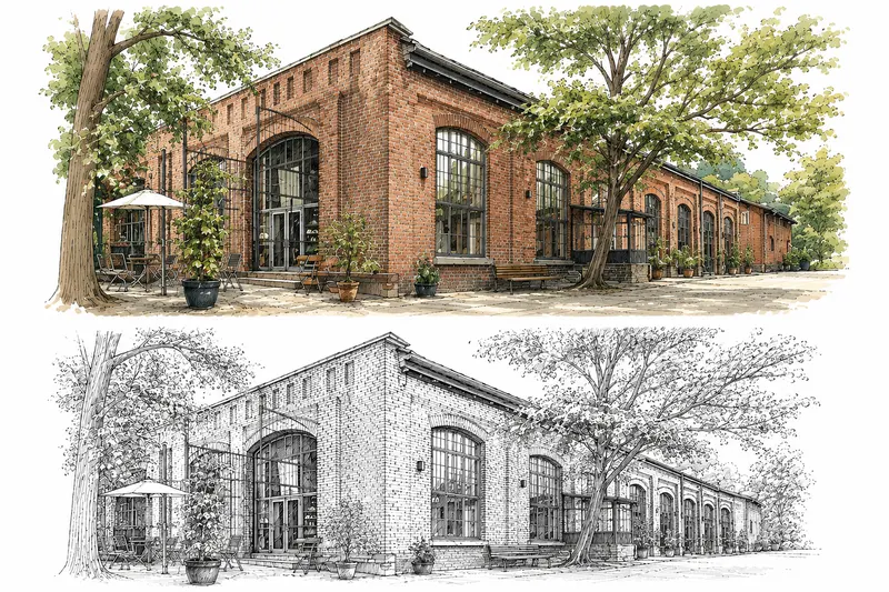 Federzeichnung der Waggonhalle: das Backsteingebäude mit hohen Rundbogenfenstern, davor Tische und Stühle des Biergartens, rechts ein großer Baum.