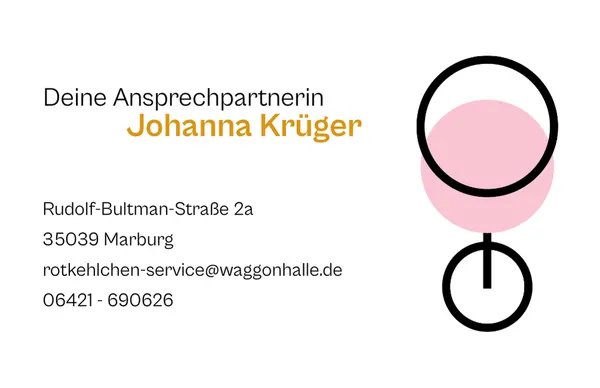 Rückseite der Visitenkarte: „Deine Ansprechpartnerin“ über einem Namen in Orange, darunter Anschrift, E-Mail und Telefonnummer des Restaurants; rechts das Kreis-Bildzeichen über einer rosa Fläche.