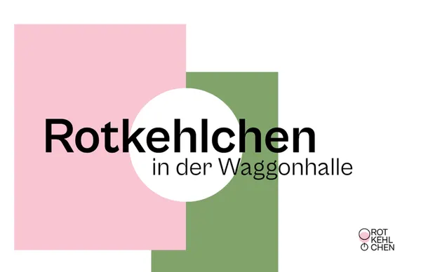 Vorderseite der Visitenkarte: links ein rosa und ein grünes Rechteck übereinander, darüber in Schwarz der Logotyp „Rotkehlchen in der Waggonhalle“, rechts unten das Kreis-Bildzeichen.