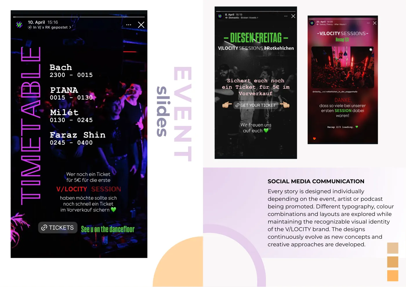 Spread “Event slides”: three Instagram story screenshots over dark concert photos – a timetable with four DJ names from 11 pm to 4 am, a Friday announcement with a ticket link, and a red-toned recap with a thank-you message. On the right, the text on how the stories are designed.