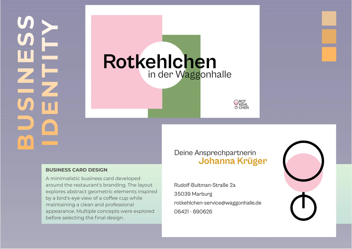 Spread “Business Identity” on a lilac ground: above, the front of the business card with the Rotkehlchen logo over a pink and a green rectangle; below, the reverse with the restaurant’s contact person, address and phone number and the circular mark.
