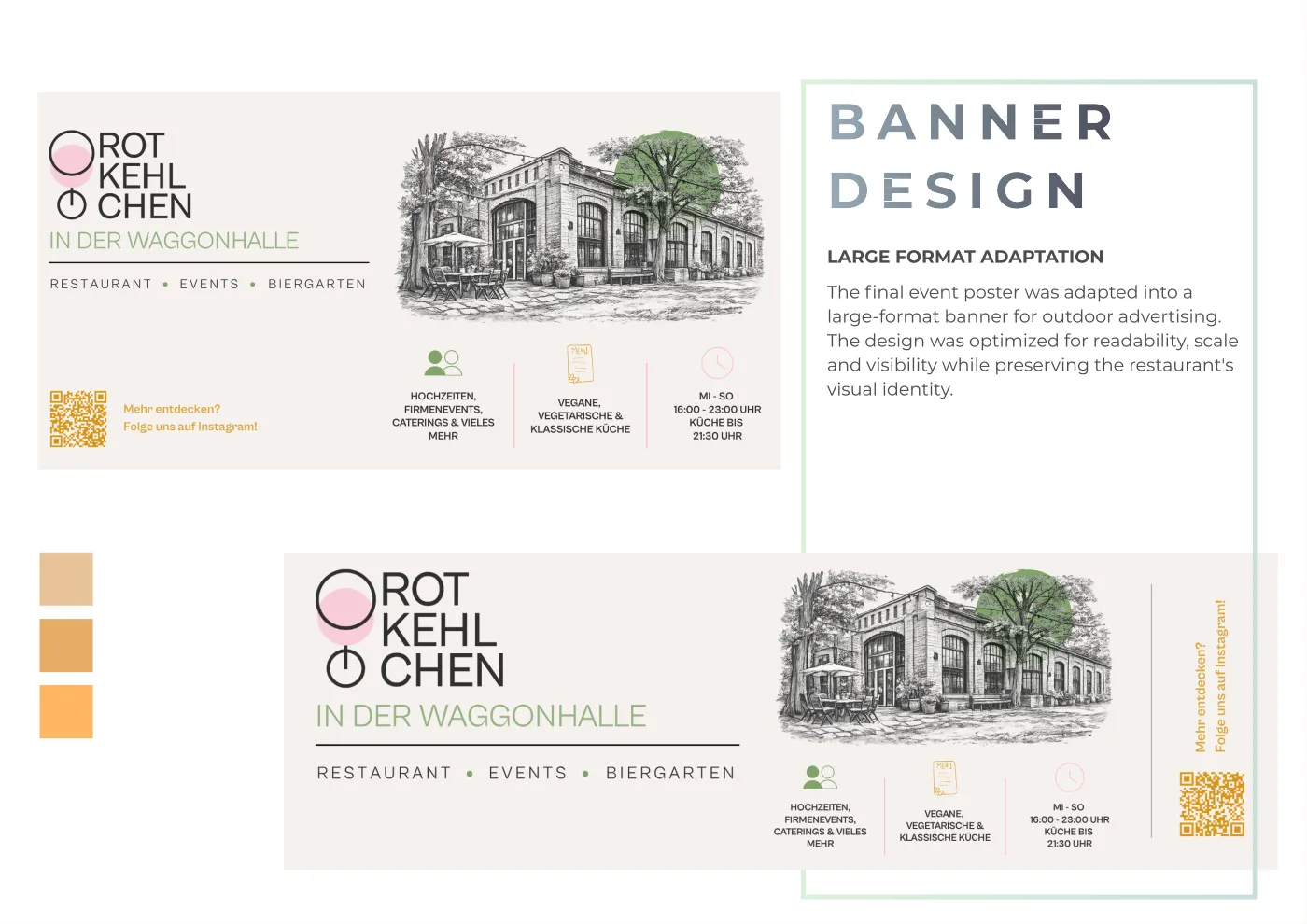 Spread “Banner Design”: two outdoor banners of the same artwork in different proportions – the Rotkehlchen logo, a pen drawing of the Waggonhalle, three icon panels with services and opening hours, and a QR code.