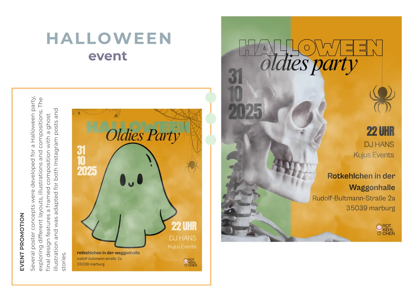 Spread “Halloween event”: two versions of the poster for the Oldies Party on 31 October 2025 – on the left the painted green ghost on orange, on the right a photographed skull, large, against a ground half green and half orange. On the left, running vertically, the text on how the versions were developed.